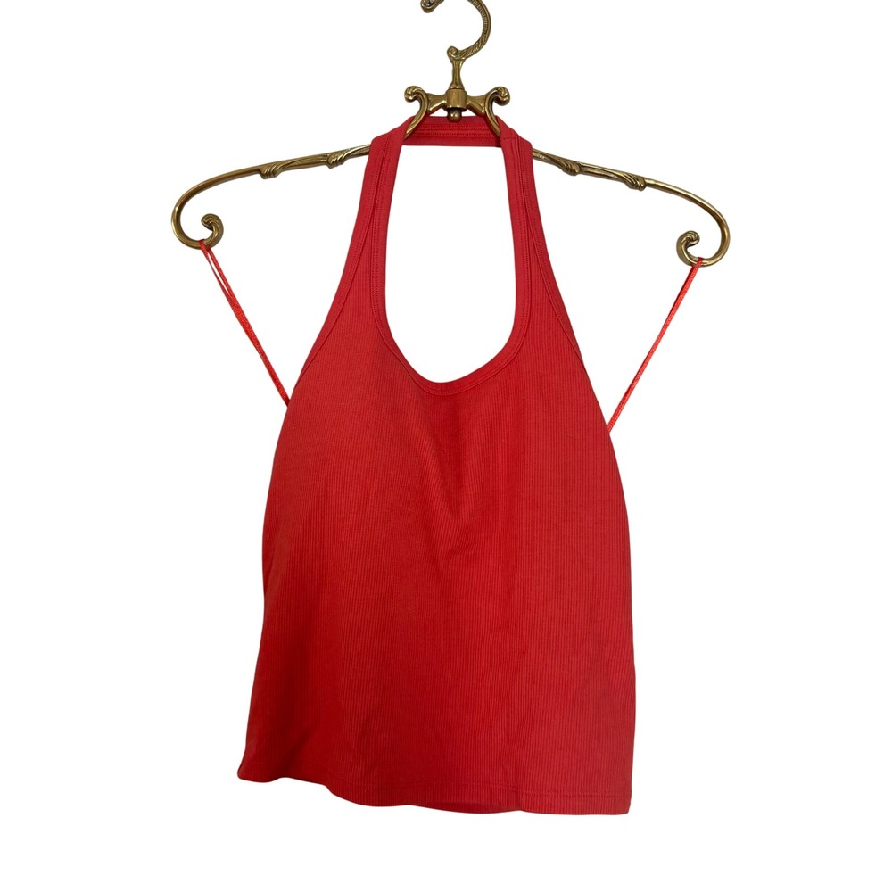 Uniqlo AIRism Halter Neck Bra Top Coral Red Ribbed Knit Sleeveless Small 477739